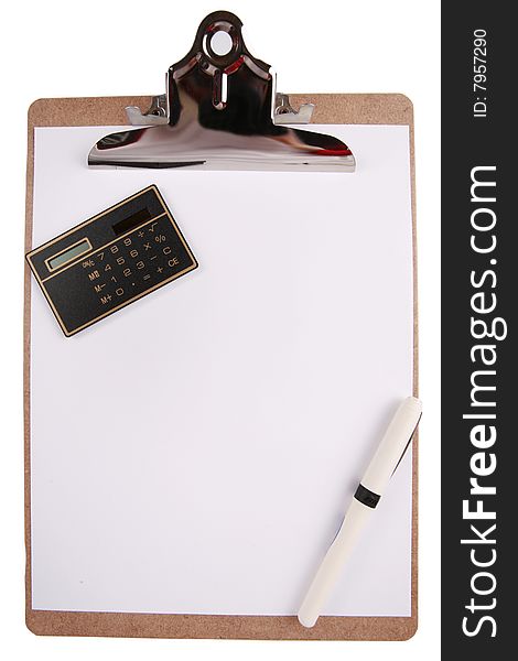 Clipboard With Paper, Pen And Calculator