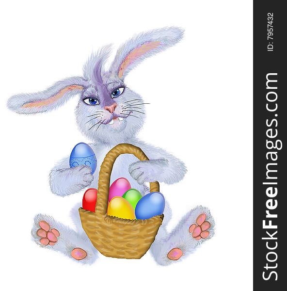 Hare-rabbit with the small basket of easter eggs. Hare-rabbit with the small basket of easter eggs.