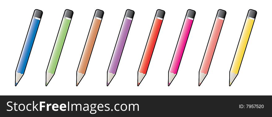 Vector illustration of eight coloring pencils aligned. Vector illustration of eight coloring pencils aligned.
