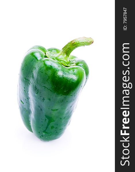 A single fresh green pepper on white. A single fresh green pepper on white