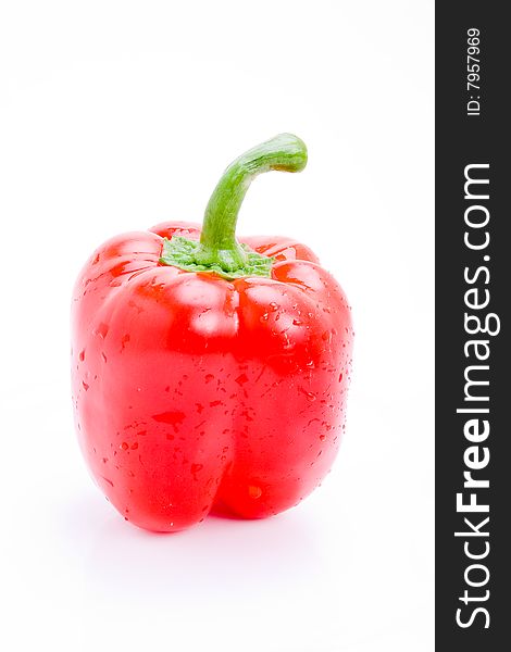 A single fresh red pepper on white