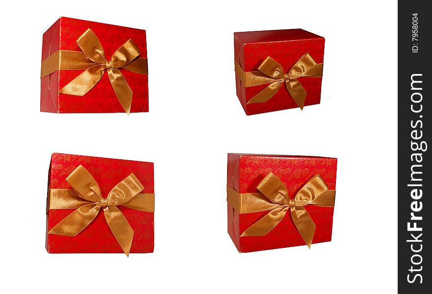 Four red gifts on a white background are isolated