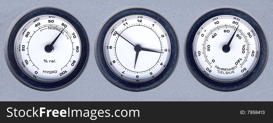 Close up of three dials, temperature, time and hygro. Close up of three dials, temperature, time and hygro