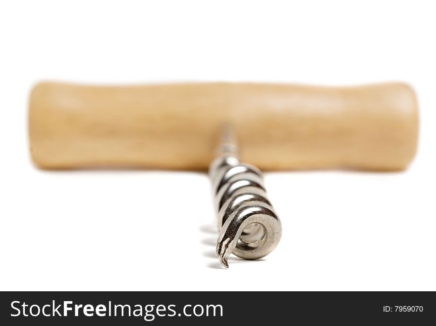 Corkscrew with wooden handle isolated on white