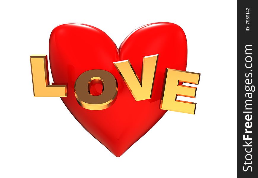 3d illustration of red heart and golden text 'love' over it. 3d illustration of red heart and golden text 'love' over it