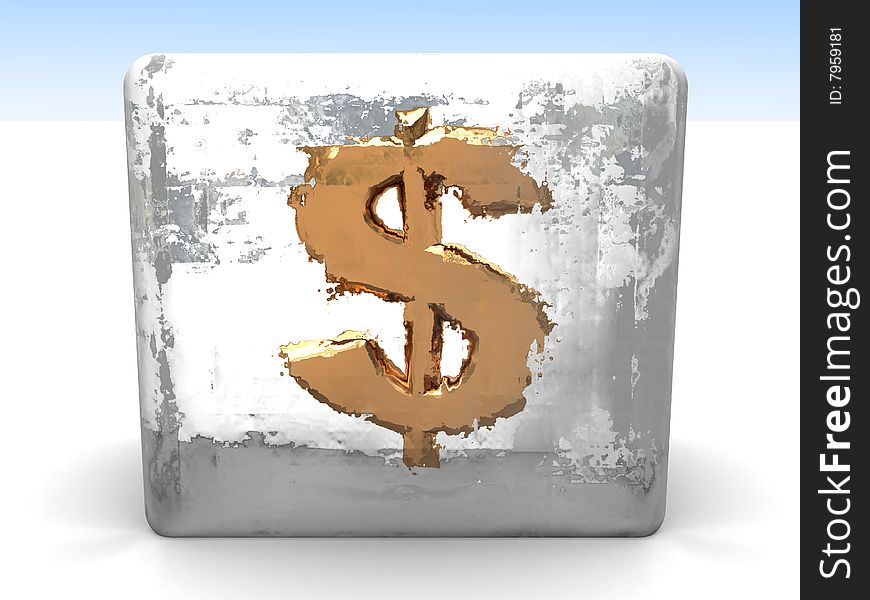 3d illustration of golden dollar sign in ice cube. 3d illustration of golden dollar sign in ice cube