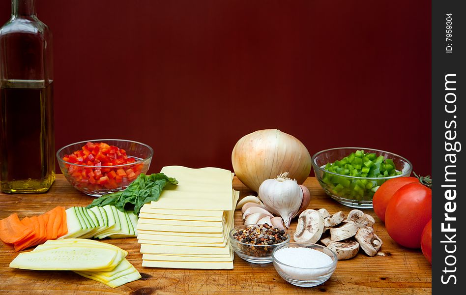 Some basic healthy ingredients for a lasagna dinner. Some basic healthy ingredients for a lasagna dinner