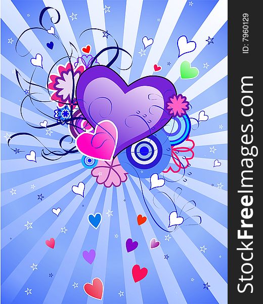Purple and pink hearts on the background with blue rays. Purple and pink hearts on the background with blue rays