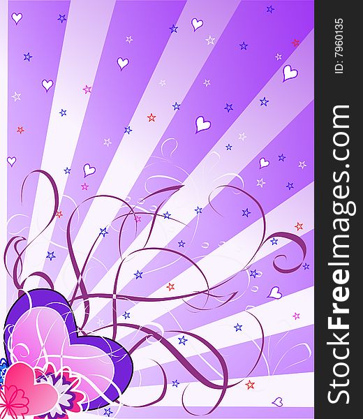 Hearts and curves on the background with magenta rays. Hearts and curves on the background with magenta rays