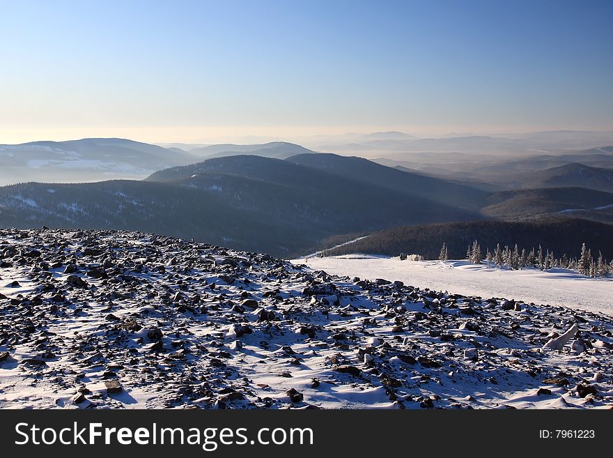 Mountain landscape. Mountain Shoriya. Sheregesh. Russia.