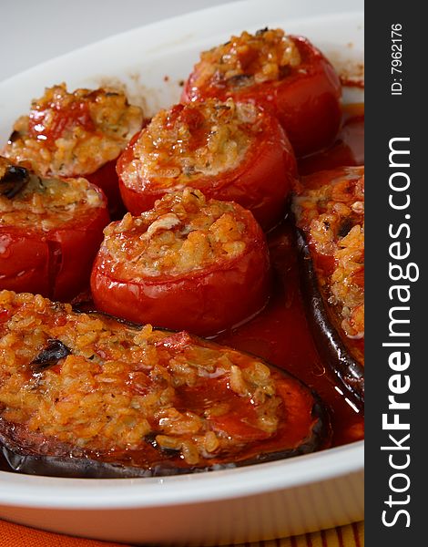 Eggplant And Tomatoes Filled With Rice