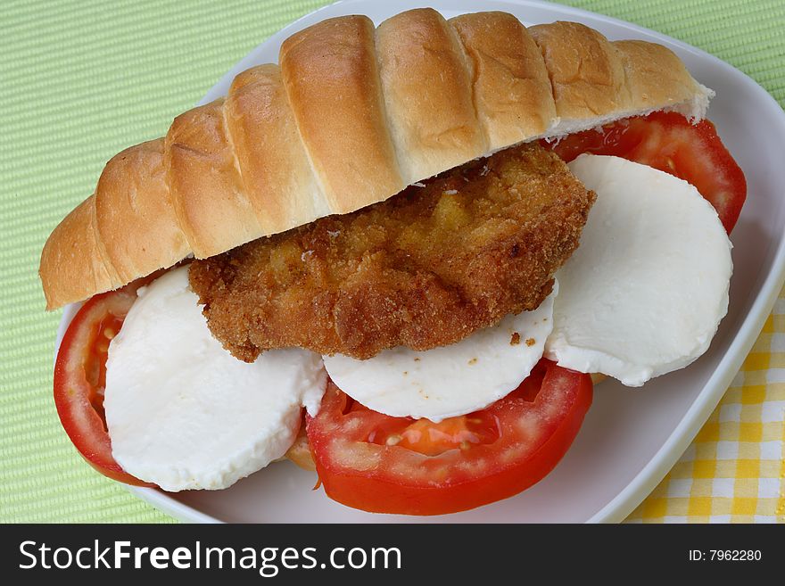 Sandwich with meat and vegetable on plate