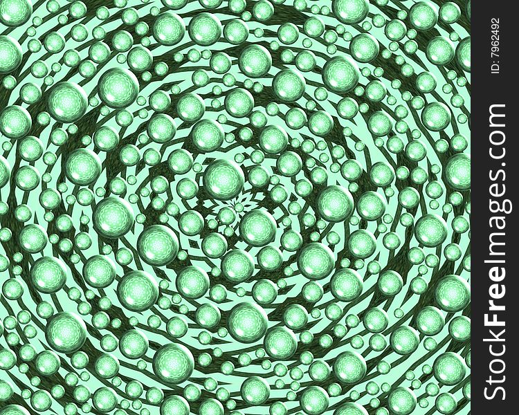 Black spiral overlaid with green bubbles