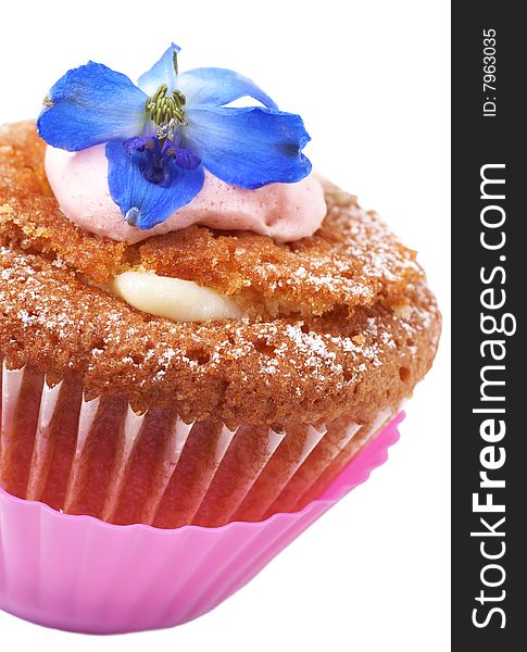 Miniature cupcake filled with lemon cream and decorated with meringue and blue flower on white background. Miniature cupcake filled with lemon cream and decorated with meringue and blue flower on white background