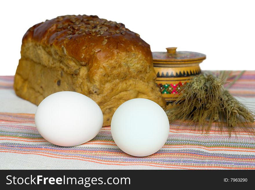 Easter food -eggs, bread and salt. Easter food -eggs, bread and salt