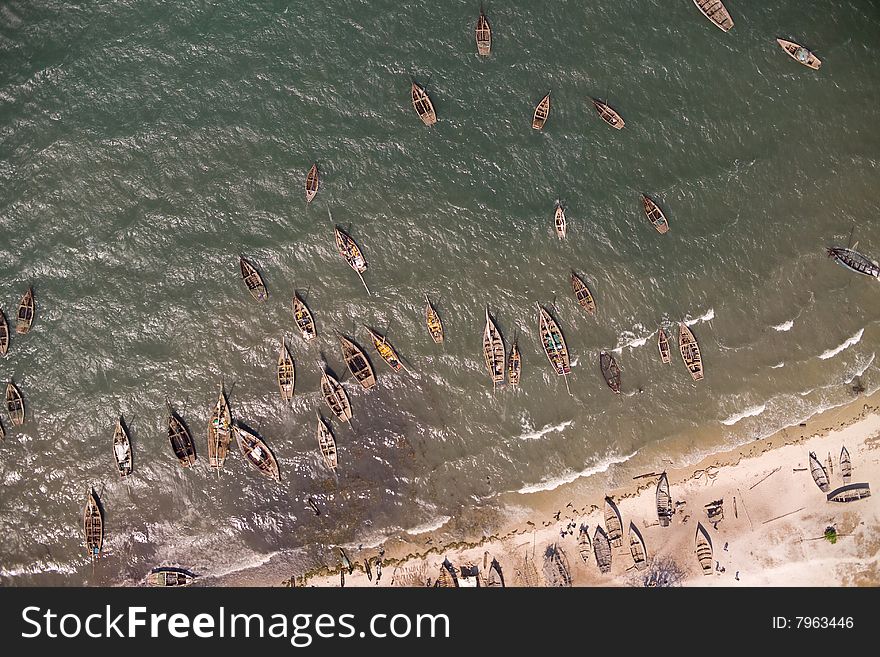 Aerial photograph fishers boats in the water in Mozambique  , Africa. Aerial photograph fishers boats in the water in Mozambique  , Africa