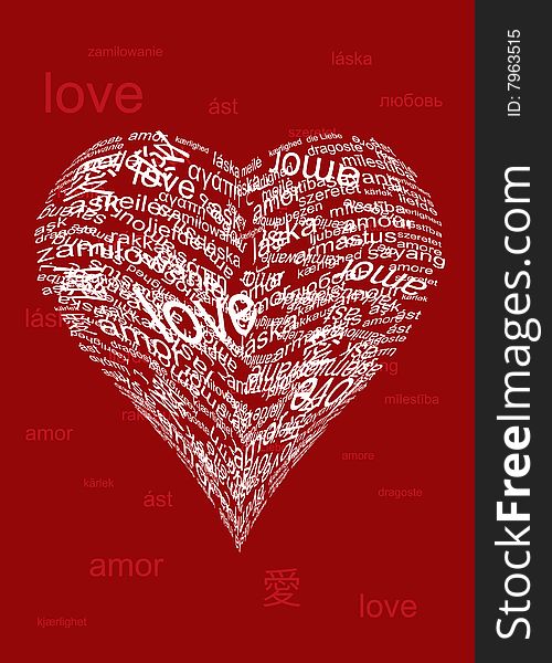 Vector illustration valentine card with word love in different languages