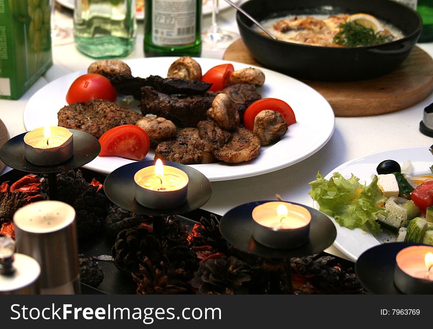 Steak and vegetable on a festive table