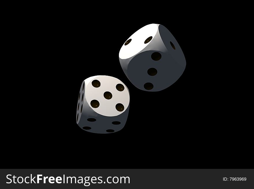 Isolated dices on black background - 3d render illustration. Isolated dices on black background - 3d render illustration