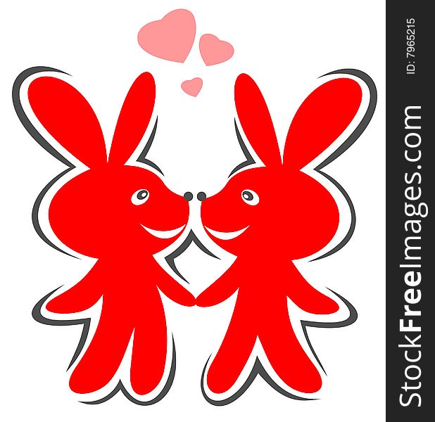 Two red cartoon enamored rabbits isolated on a white background. Two red cartoon enamored rabbits isolated on a white background.