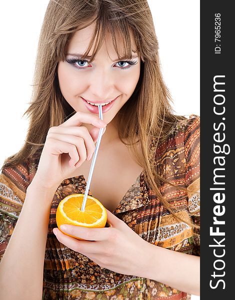 Beautiful woman with fresh orange isolated