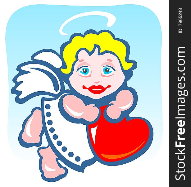 Cartoon angel with heart on a blue background. Valentines illustration.