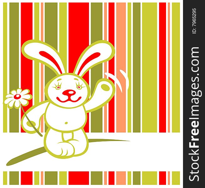 Cartoon happy rabbit on a striped background. Valentines illustration. Cartoon happy rabbit on a striped background. Valentines illustration.