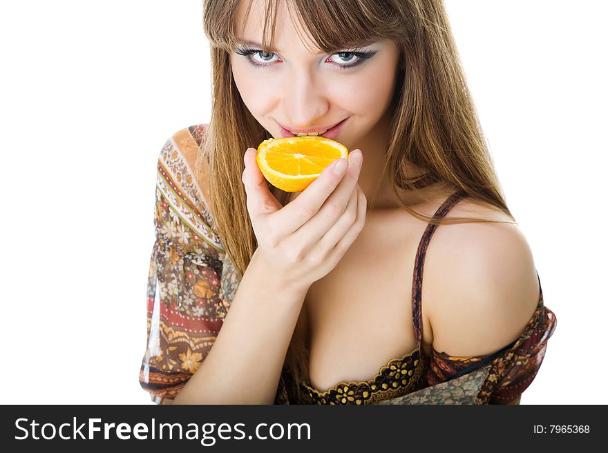 Attractive young woman with orange isolated