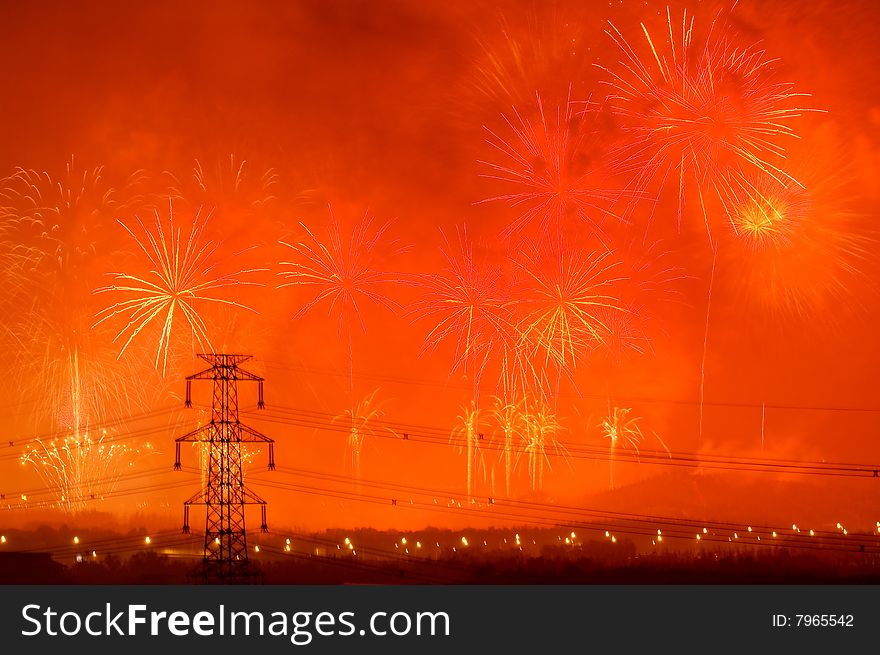 Many fireworks on night sky