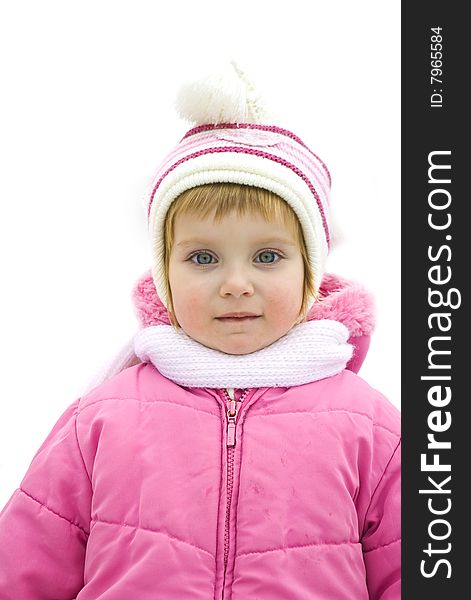 Smiling baby in pink jacket on white background. Smiling baby in pink jacket on white background