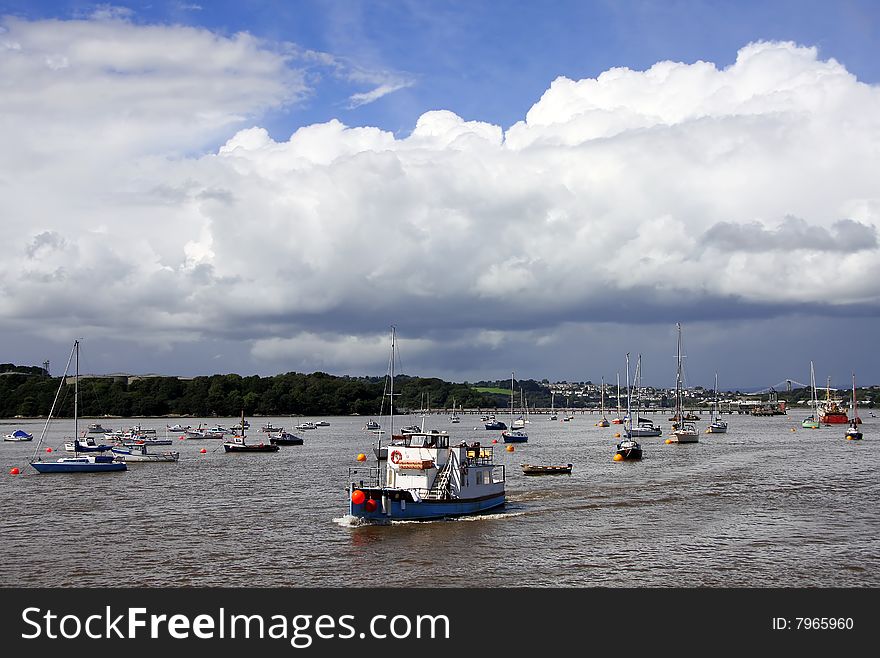 Tamar river with boats in Plymouth, UK