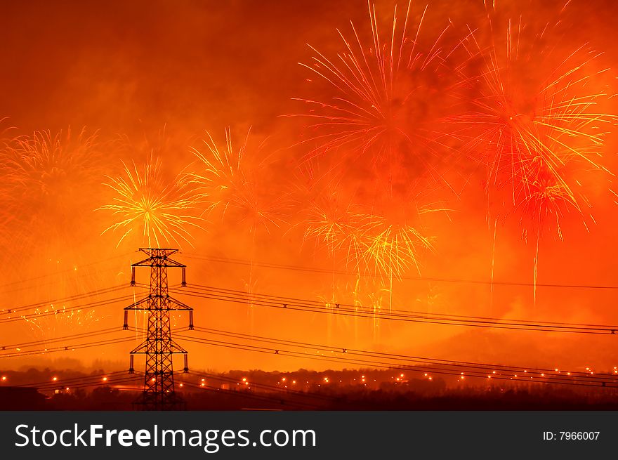 Many fireworks on night sky