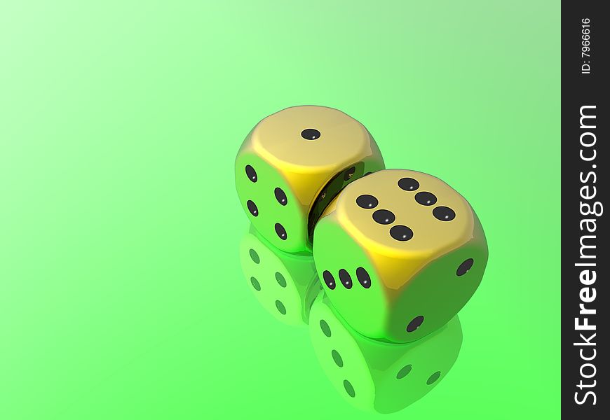 Golden dices on green background