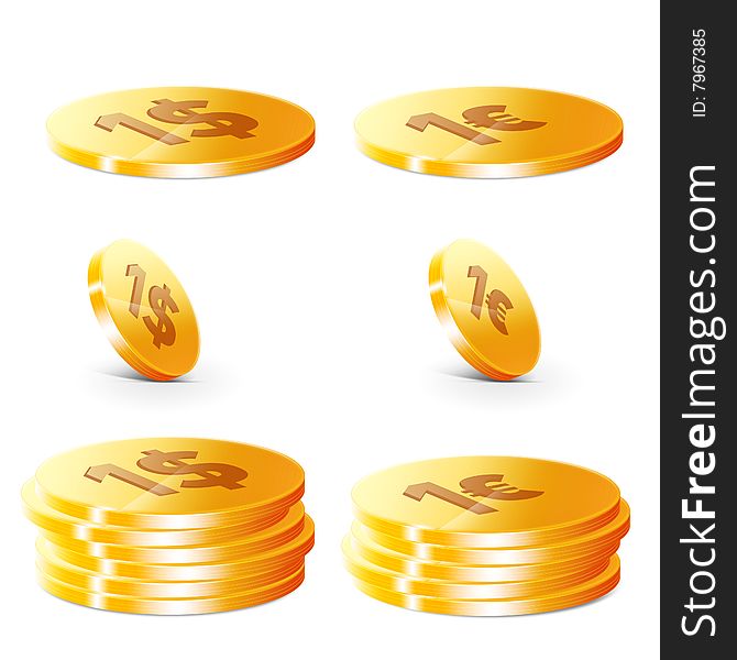 Golden us dollar coins on the white background. Golden us dollar coins on the white background