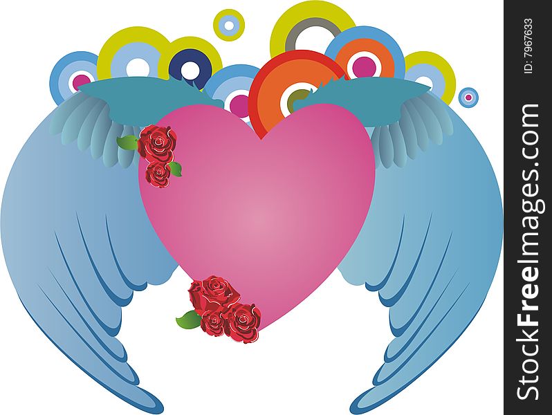 Pink heart with wings,  romantic illustration