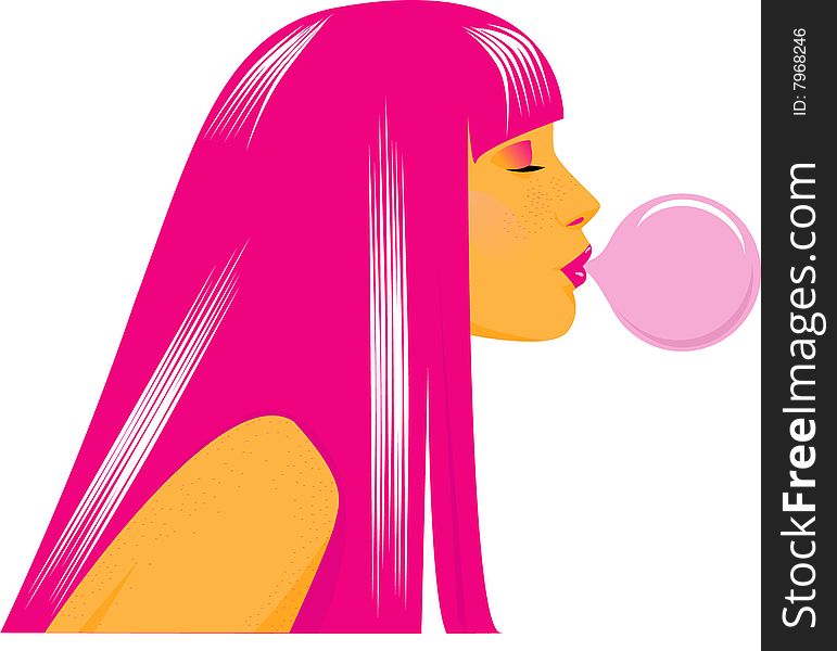 The girl with pink hair inflating a bubble from a chewing gam. The girl with pink hair inflating a bubble from a chewing gam