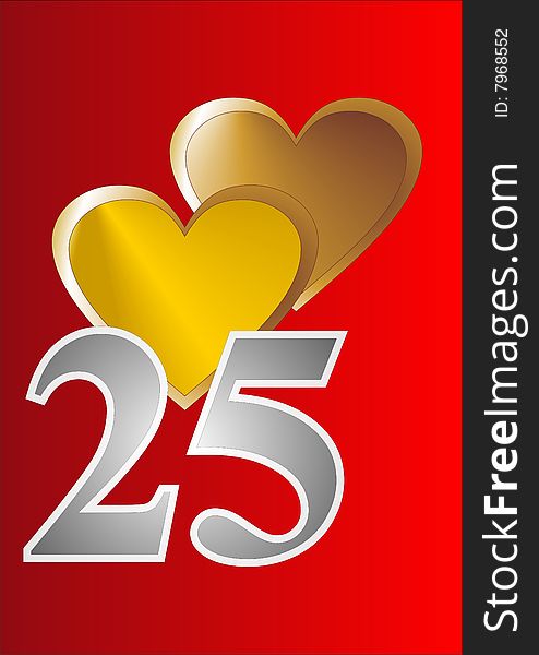 Silver number 25, two gold hearts on a bright red background. Silver number 25, two gold hearts on a bright red background.