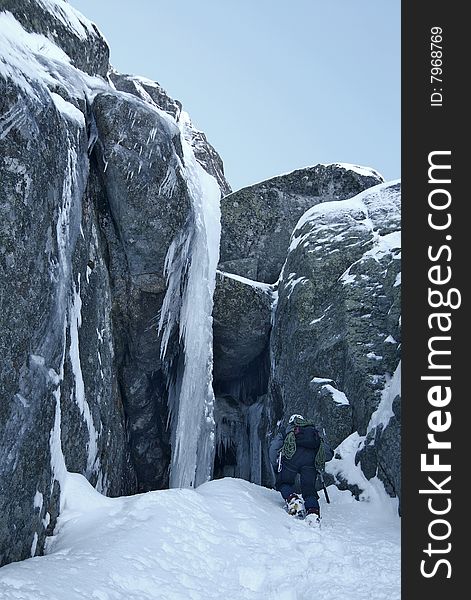 Ice climbing in a wall of water in Portugal. Ice climbing in a wall of water in Portugal