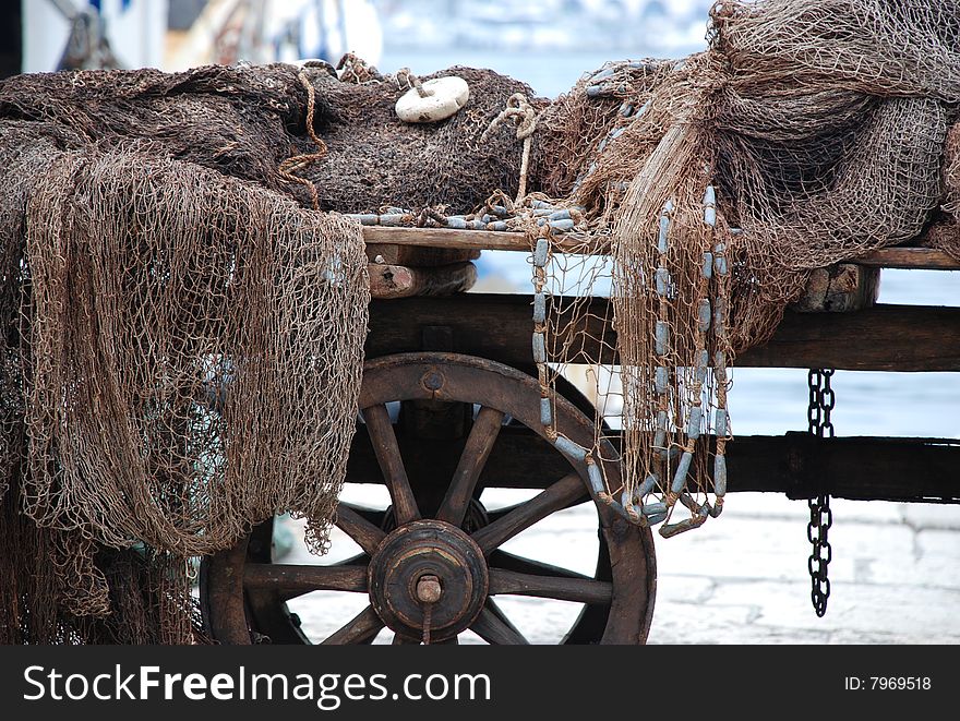 Commercial fishing nets on an old carriage