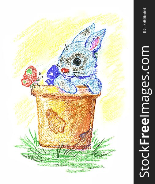 Pretty little rabbit in earthen pot