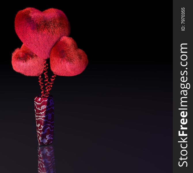 Three red hairy hearts in vase created in 3D software. Three red hairy hearts in vase created in 3D software