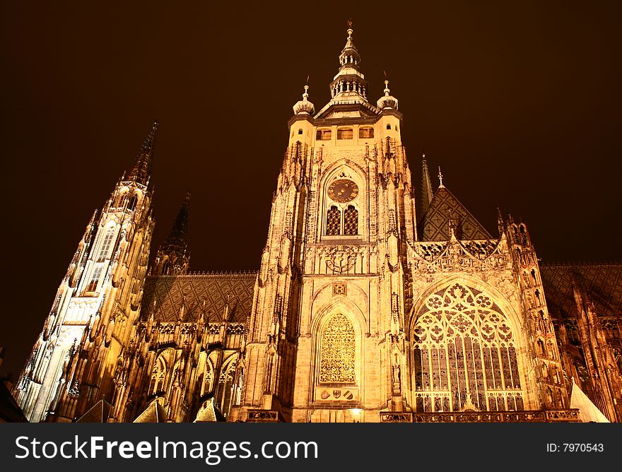 Prague St. Vitus cathedral at night.