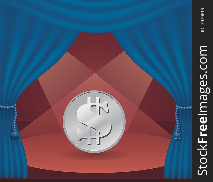 Theater scene with a blue curtain and lit coins. Theater scene with a blue curtain and lit coins