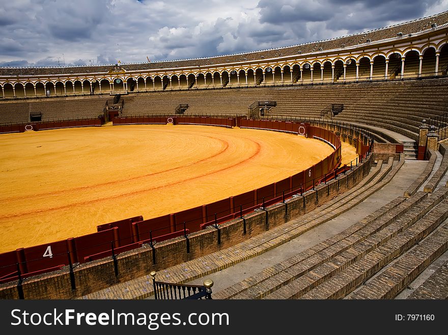 Flagrant colours of the bullring Plaza de Toros in Sevilla, Andalusia, Spain