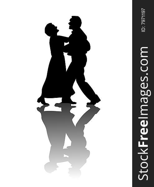 A pair of lovers silhouetted against a white background with their reflection on the floor.