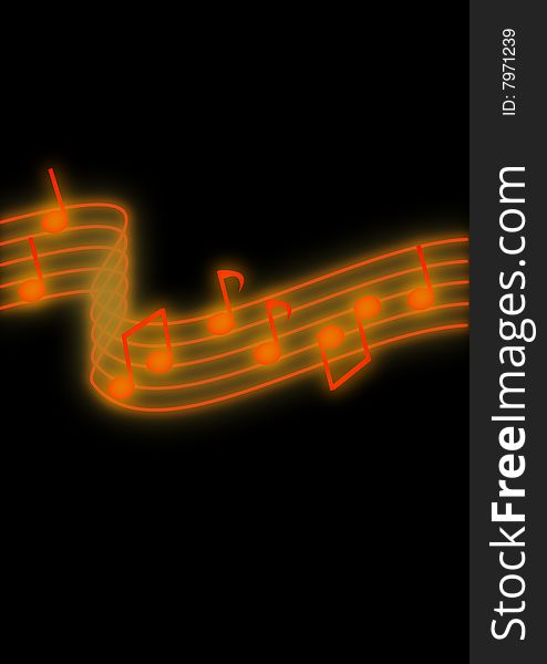 Glowing orange music notes on a black background.