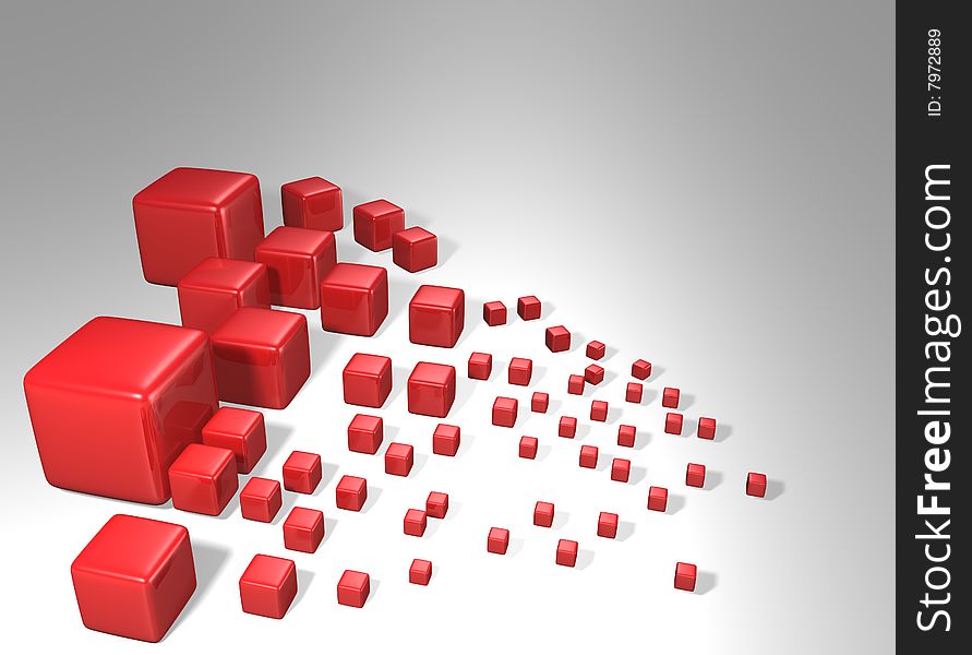 A set of smooth red reflecting cubes starting out large on the left corner of the image and spreading out getting smaller towards the right. A set of smooth red reflecting cubes starting out large on the left corner of the image and spreading out getting smaller towards the right
