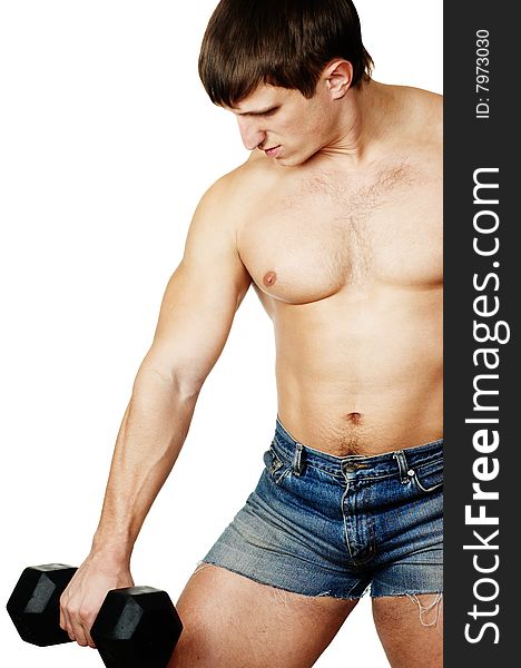 Muscular Man Working Out With Dumbbell