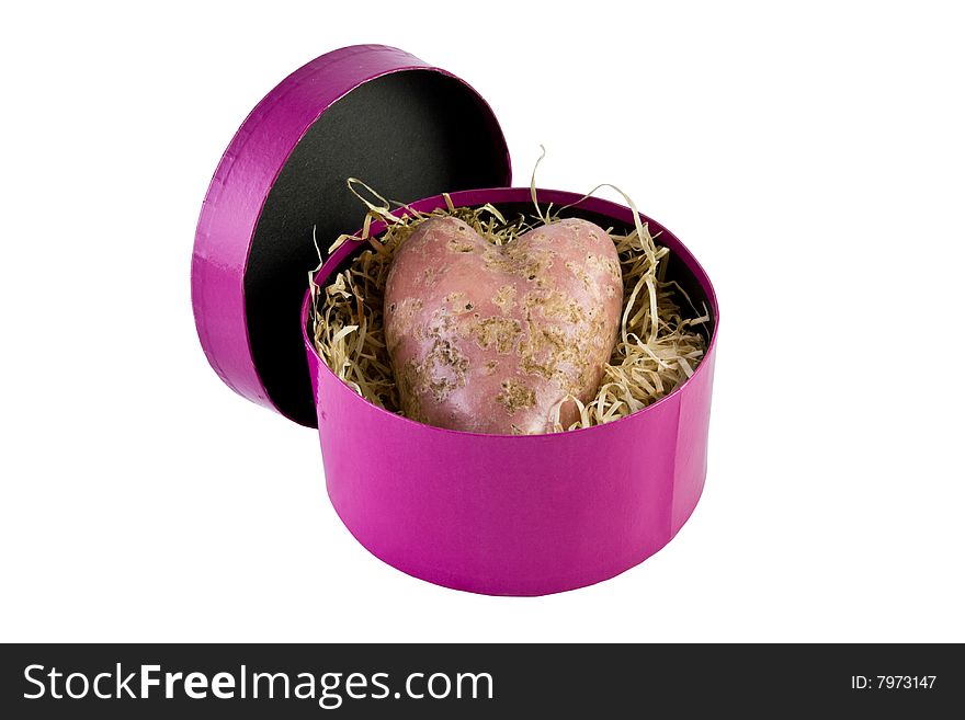Violet box with potato heart on the white background. Violet box with potato heart on the white background