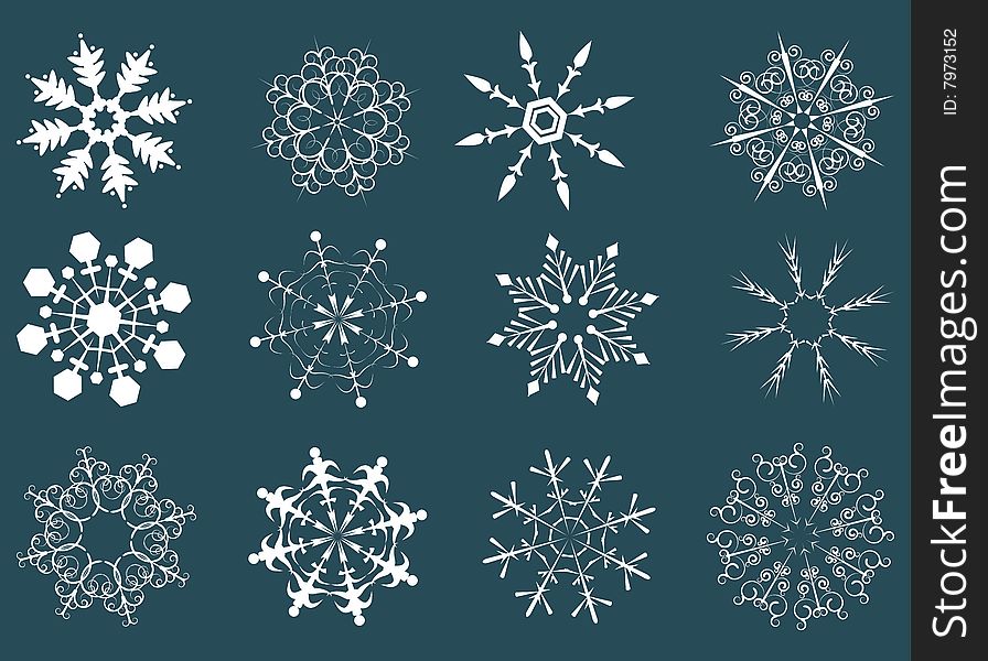 12 various beautiful and unique snowflakes
